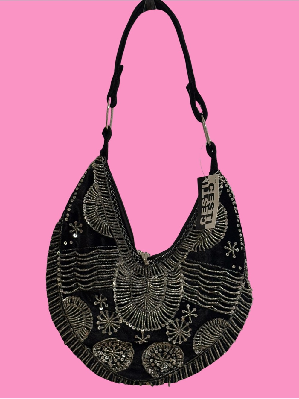 Y2K Black Beaded Crescent Shoulder Bag